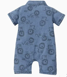 Custom Casual Baby Boys' 100% Cotton Lion Print Denim Romper Short Sleeve Summer Jumpsuit Collar Snap Buttons Cartoon Animal