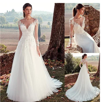 New Design White Long Sleeve Slim Fit Bride Wedding Dress