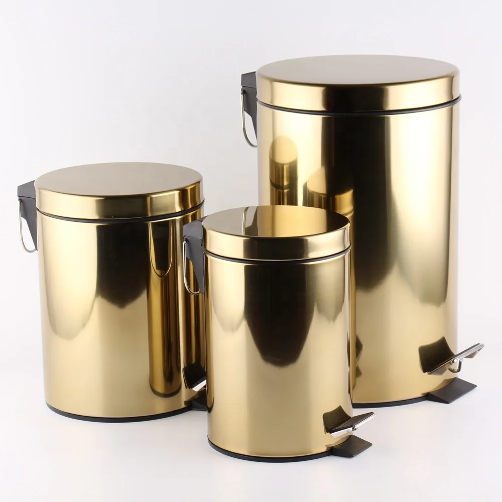 
 Stainless Steel  Trash Can With Lid on  Golden Painting  Waste Garbage Bin Foot Pedal Waste Bin Compactor  