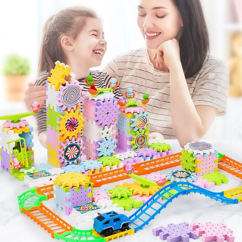 Samtoycn 3D STEM 83PCS Block Variable Puzzle Toys Interlocking Block Moulds Electric Gear Rotating Building Blocks for Kids