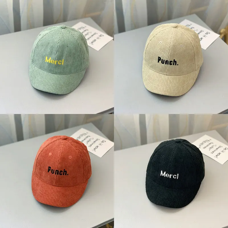 Korean autumn and winter baby corduroy peaked cap children alphabet casual hat trendy boys personality short brim baseball cap