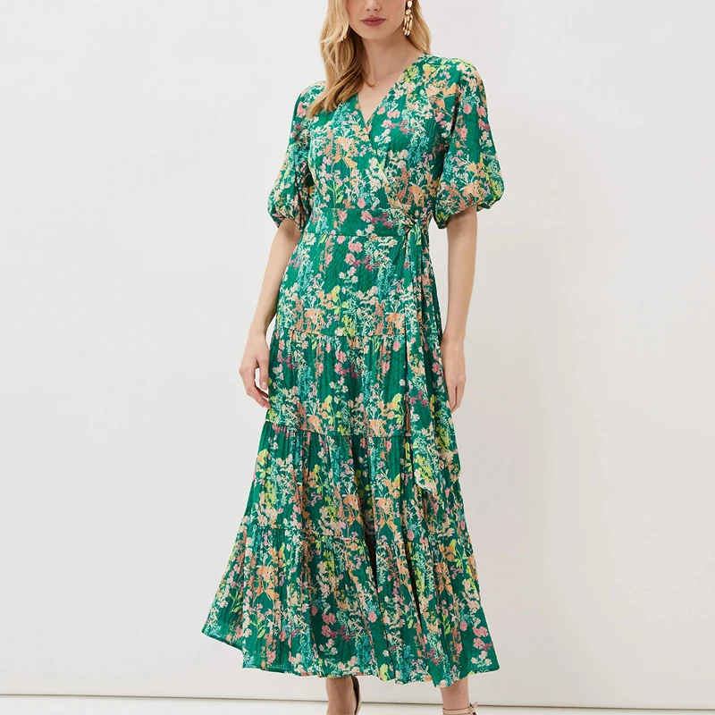 Custom High Quality Floral Printing Chiffon Casual Dress Summer Lady V ...