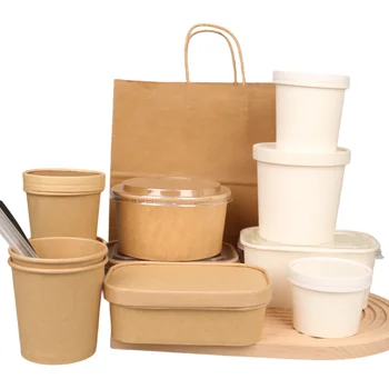 Disposable kraft paper square rectangular box takeaway lunch fast food box eco friendly salad packing bowl with lid