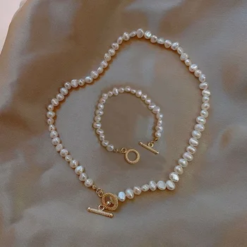 Vintage Baroque Freshwater Pearl Necklace Bracelet OT Clasp Choker Necklace Wedding Bracelet Necklace Sets for Women