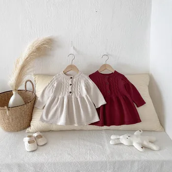 Baby Dresses Girl's Fashionable Spring and Autumn Long-Sleeved Outing Dresses Knitted with O-Neck Collar Casual Style Baby Skirt