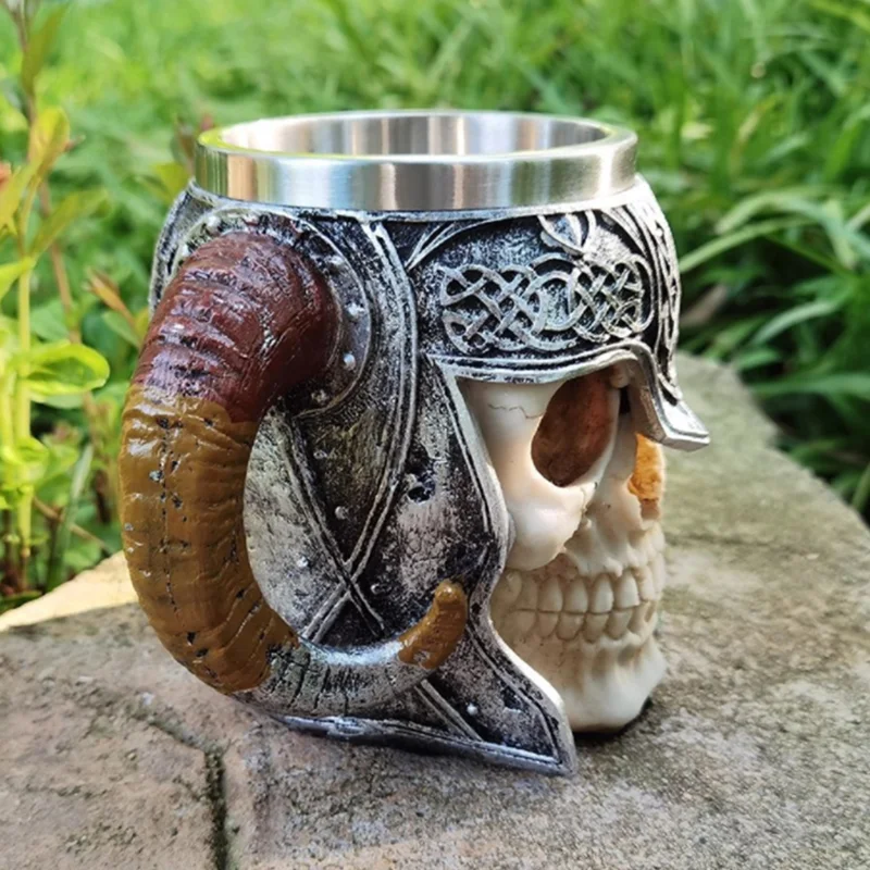 Stainless Steel Double Handle Horn Skull Beer Cup