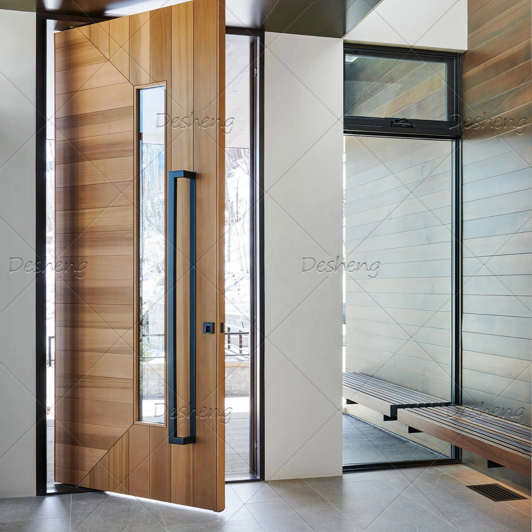 Foyer Slim Frame Pure White Color Simple Lines Decorative Long Handles Lobby Pivoting Entrance Door