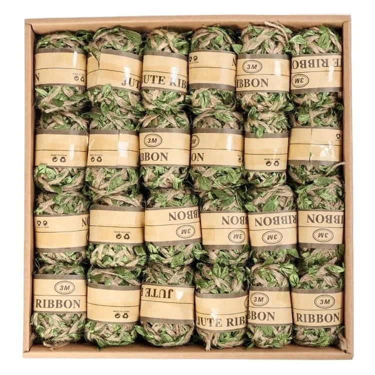 24PCS Natural Jute Twine Ribbon With Artificial Green Leaves for Wedding Home Garden