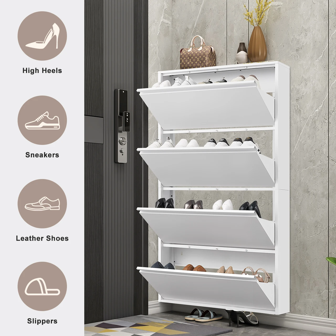 Steel Shoe Cabinet with Flip Drawers Wall Mount Shoe Storage Rack