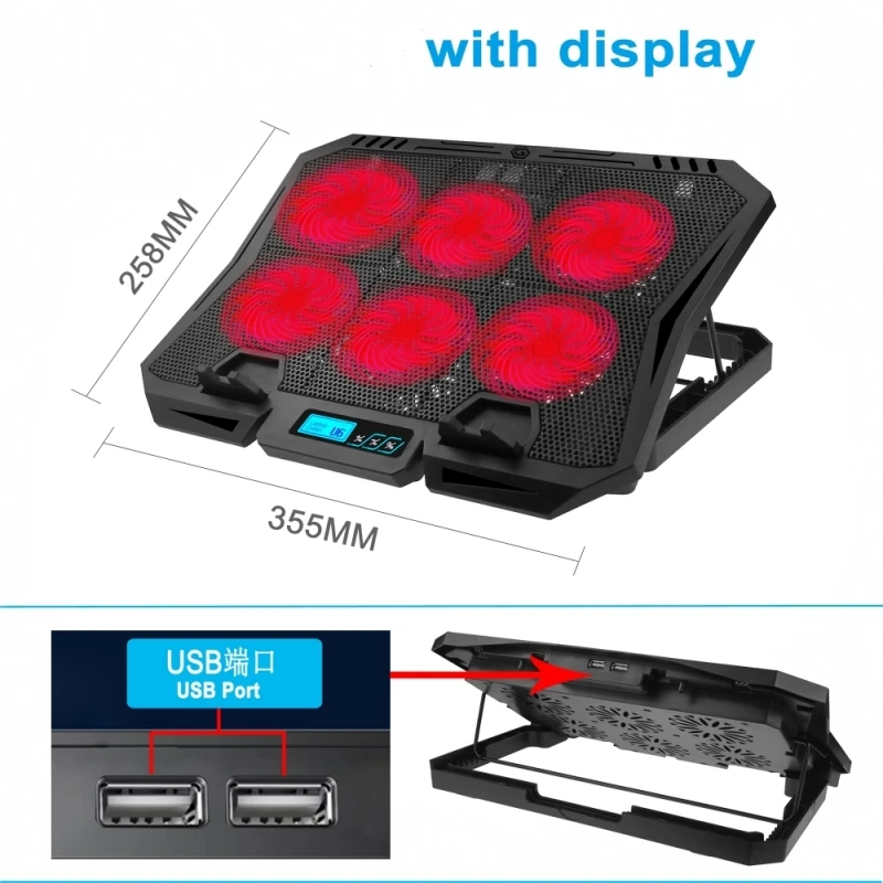 Prix de gros 2-en-1 Support réglable pour ordinateur portable Ventilateur de refroidissement Matériau ABS Vitesse du vent variable Affichage LCD de jeu Support de téléphone
