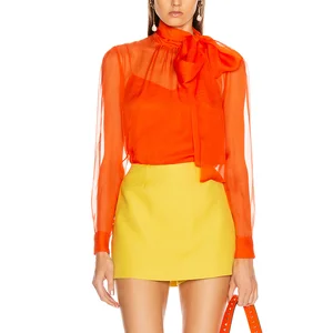 2020 New Arrival Sexy Semi Sheer Organza Neck Tie  Party Blouse  Women