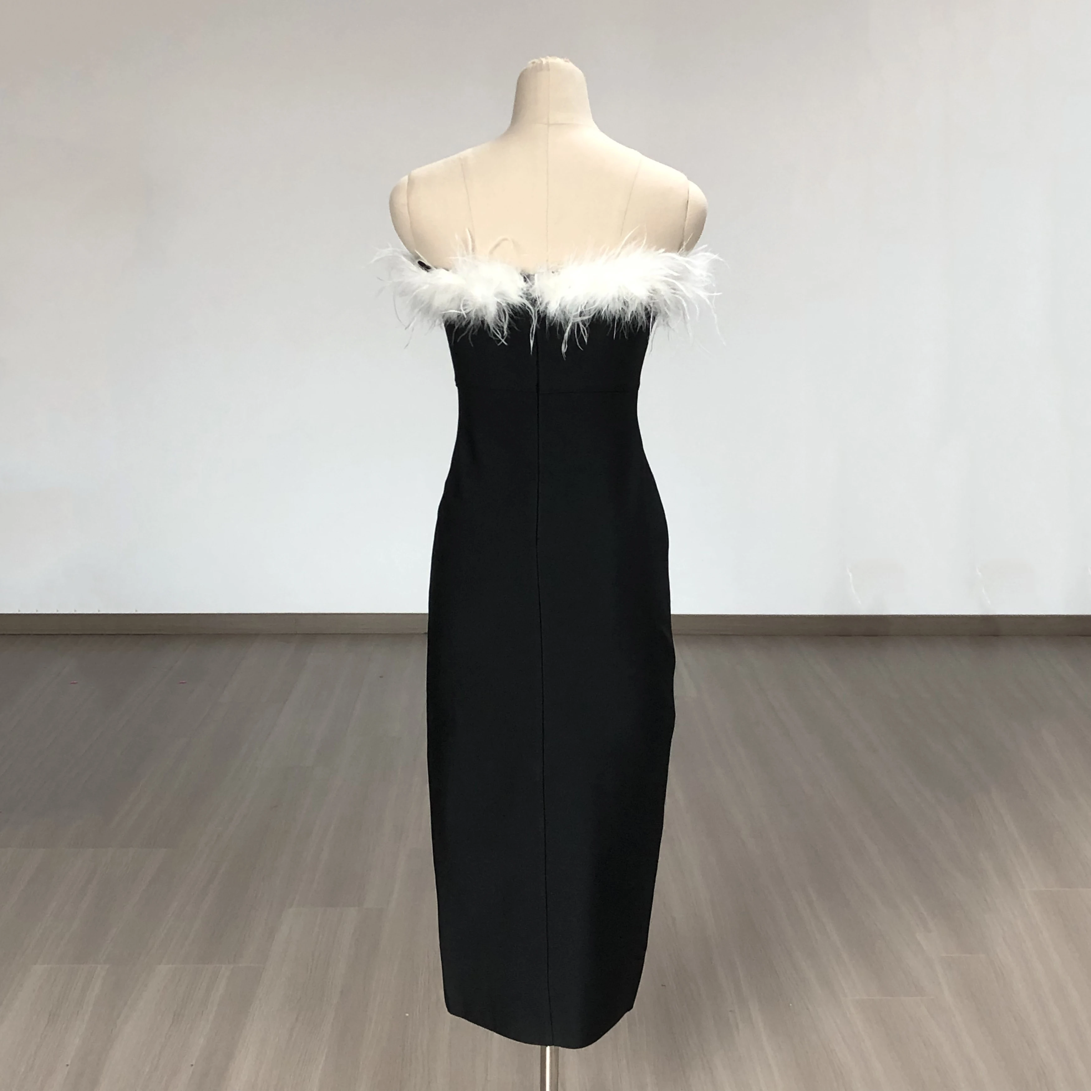 knee length dresses for ladies Petal & Pup Women's Dame Feather Trim Single Long Sleeve Midi Cocktail Dress - Black main image 1