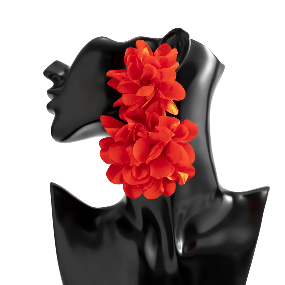 Chiffon Floral Statement Earrings - Big Fabric Petal Flower Dangle Earrings For Women (Black) - View #3