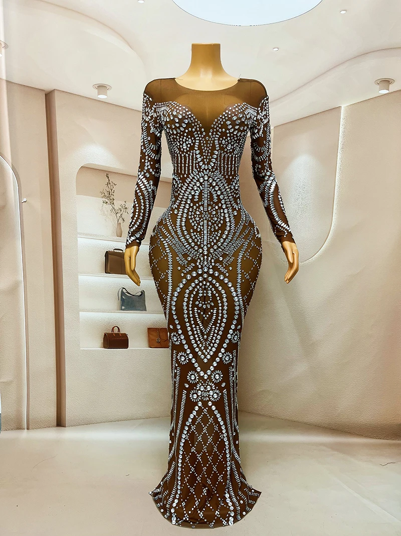 Elegant Long Sleeve Club Dress For Women With Rhinestones Odm