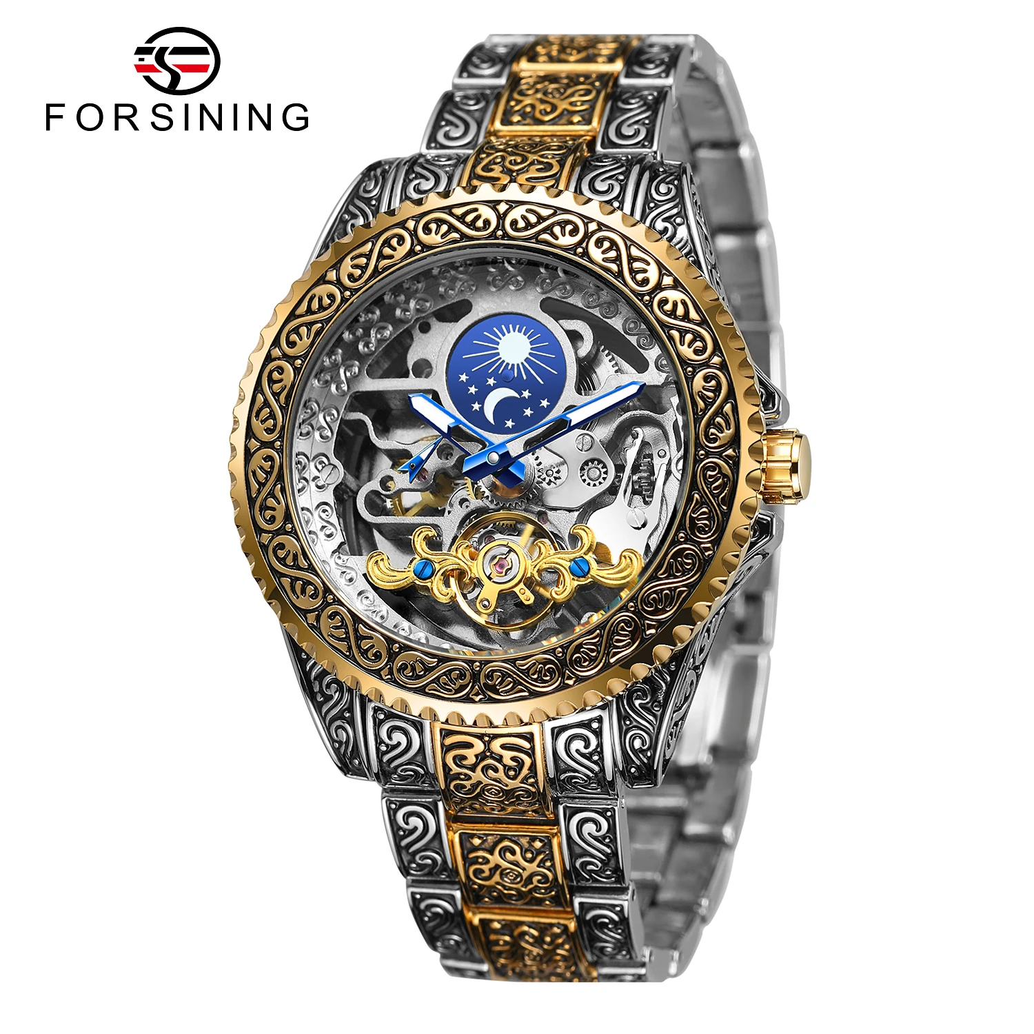 ふぁんふぁん　最高潮❀黄金 Forsining OEM Stainless Watch with Tourbillon & Moon Phase