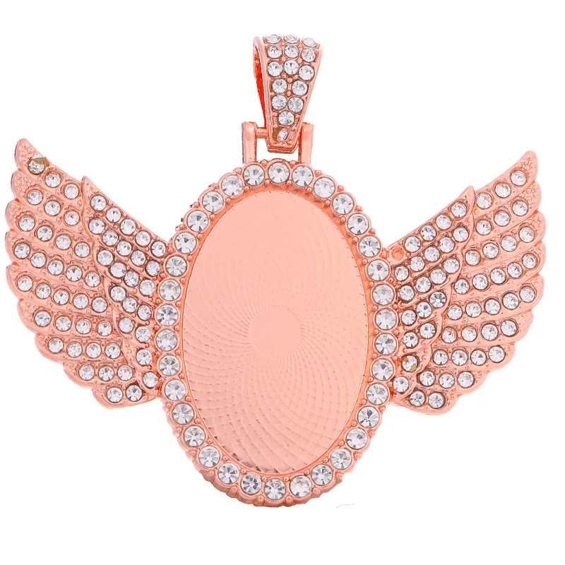 Hiphop Gold Picture Frame Charms Pendant Cabochon Tray with Crystal Angel Wings Oval Blank Bezel & Memory Diamond Made of Alloy