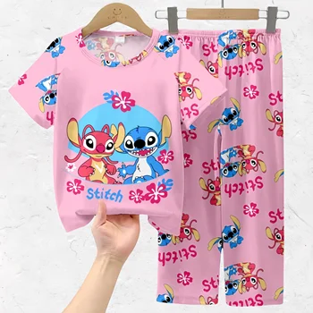 Sanrioes Girls Summer Pajamas Set Long-Sleeve Labubu Style with Breathable Stitch Princess Inspired