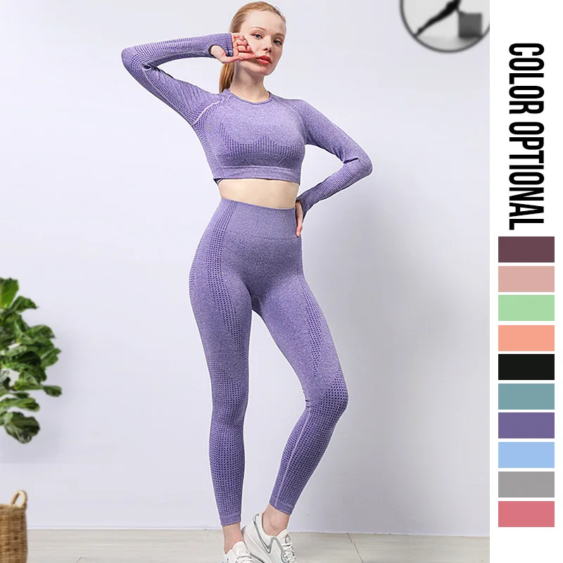 2024 Women Seamless Long Sleeve Yoga Set High Waist Tight Pants Workout Apparel Gym Clothing Leggings Crop Top Fitness Conjuntos