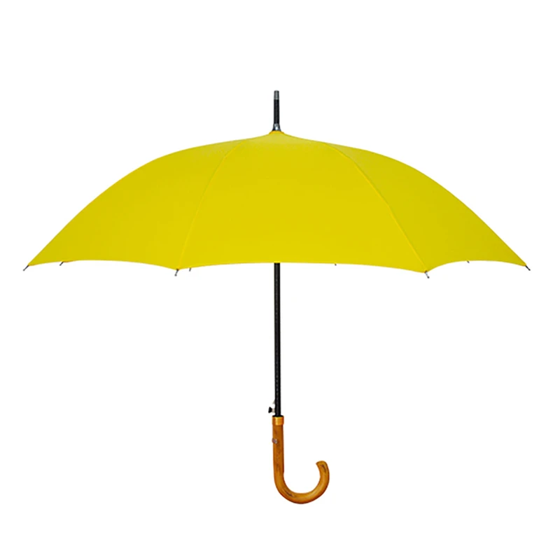 Promotional Wooden Handle Fiberglass Windproof Water Proof Sun Rain Single  Layer Straight Umbrellas with Logo Prints Rain Yellow