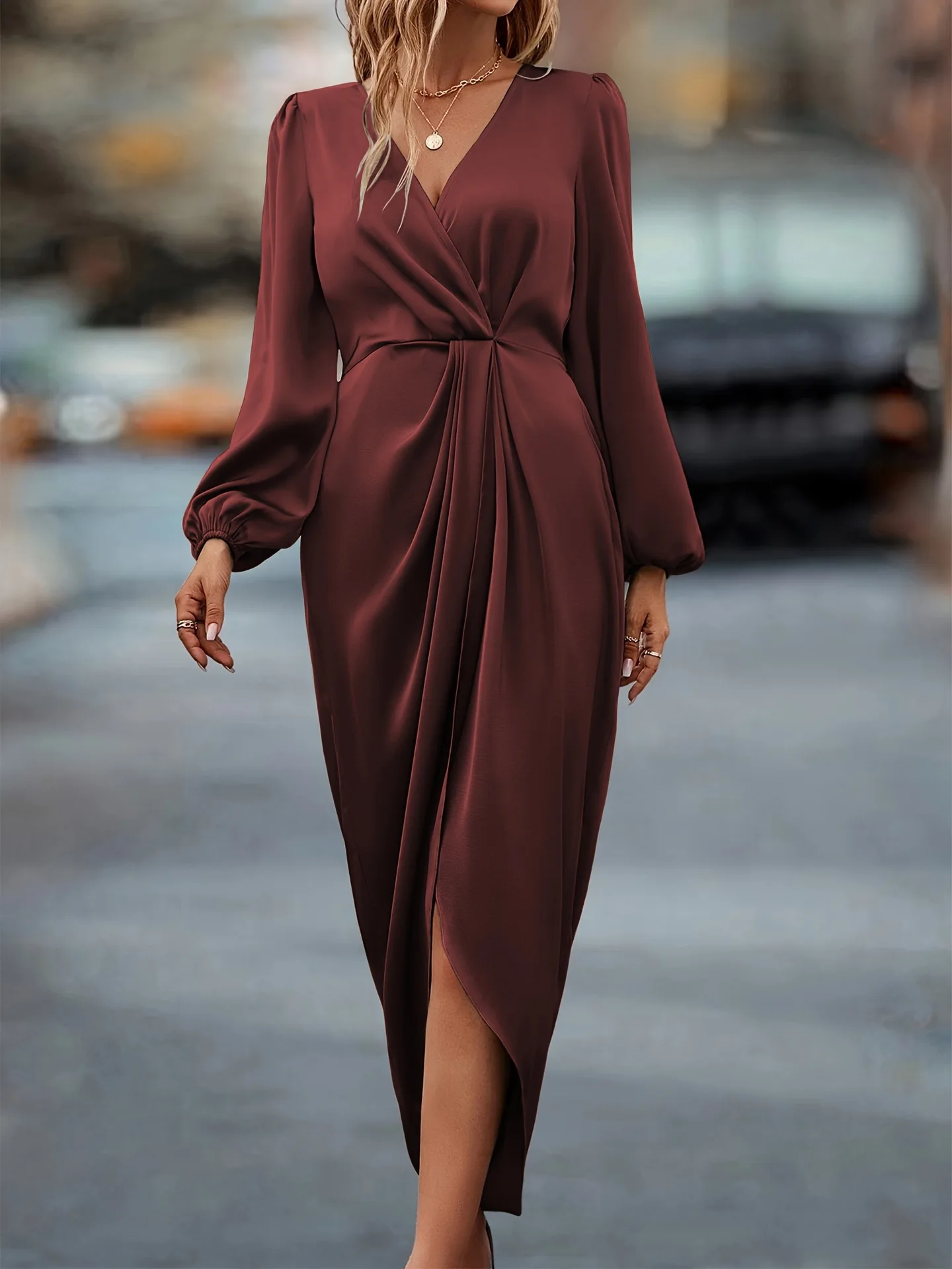 plus size long dress with sleeves Plus Size A Line Flowy Dresses Long Sleeve V Neck