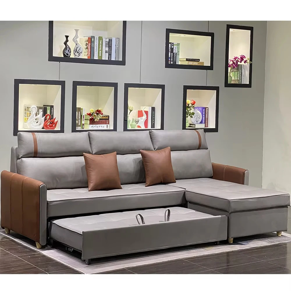 Multifunktionales Leder-wohnzimmersofa L-förmiges Eckschlafsofa Maßgeschneidertes Schlafsofa Klappcouch
