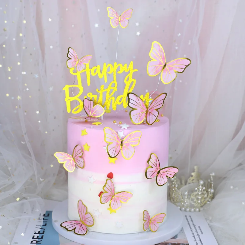 13 pçs glitter borboleta feliz aniversário bolo toppers 3d rosa crianças  festa de aniversário cupcake topper para chá de bebê cozimento decoração -  AliExpress