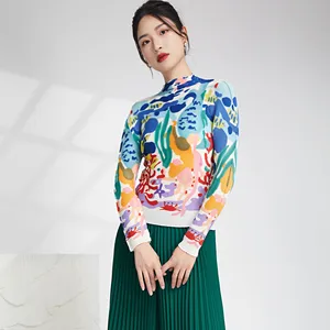 2025 Summer Fashion Ladies Casual Style Printed Long Sleeve T-shirt Pleated Elastic Top Pleated Shirt