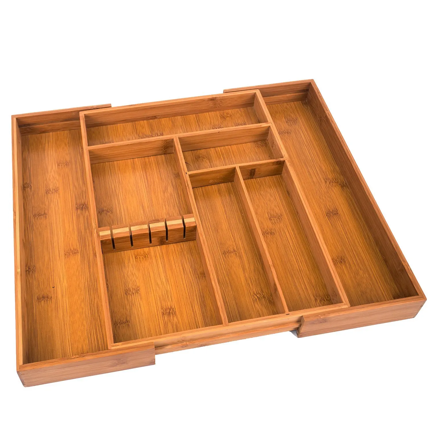 product wholesale expandable bamboo kitchen drawer organizer cutlery tray with removable knife block-2