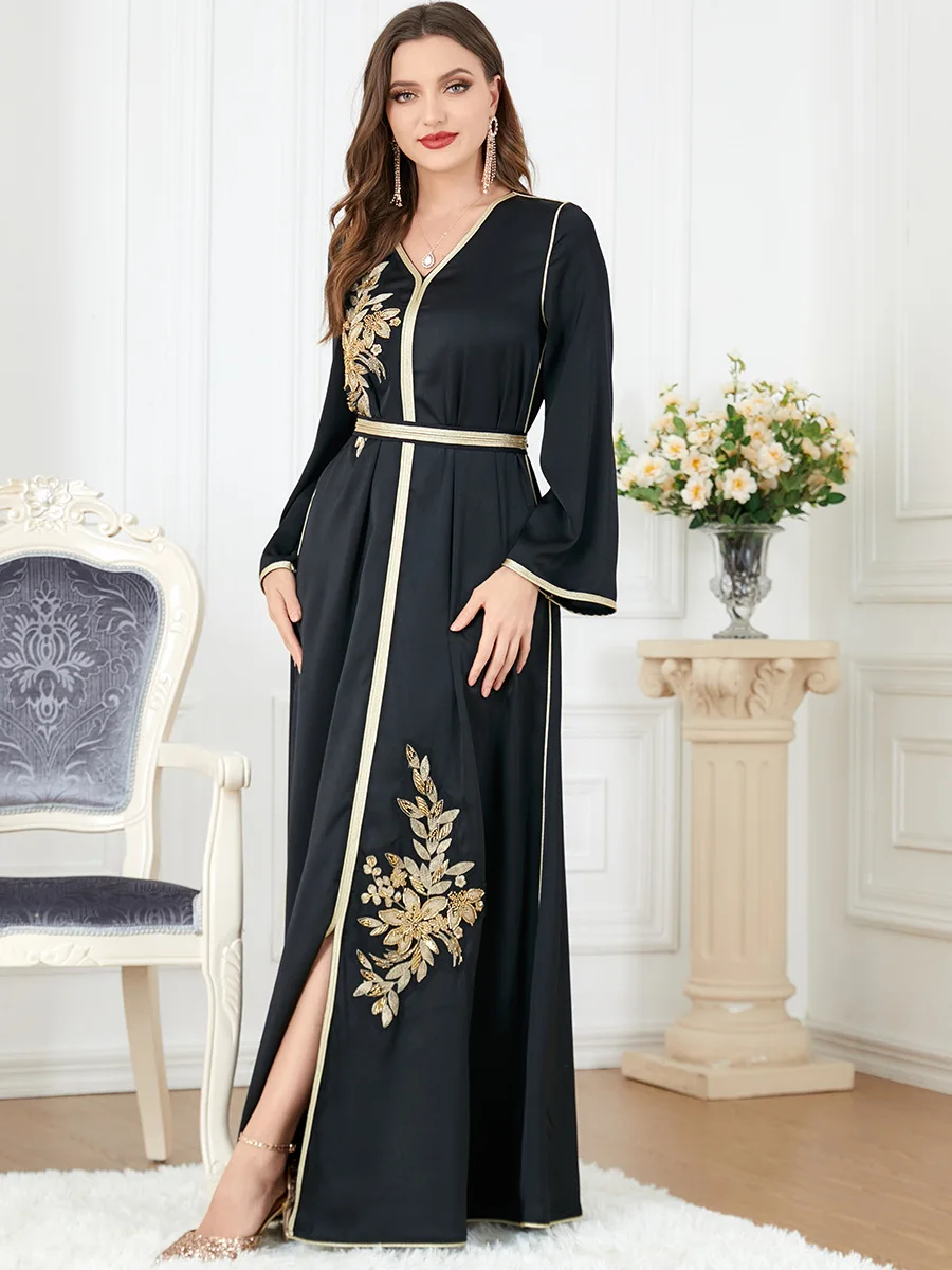 3277manufacture High Quality Eid Gold Embroidery Eid 2023 Black Women ...