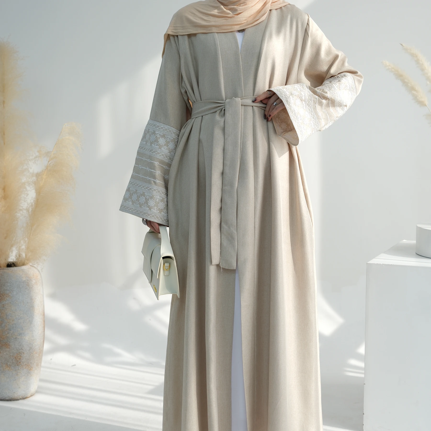 2024 Ramadan Linen Embroidery  Linen Open Abaya Femmes Robe Musulmane  Abaya Women Muslim Dress  Islamic Clothing