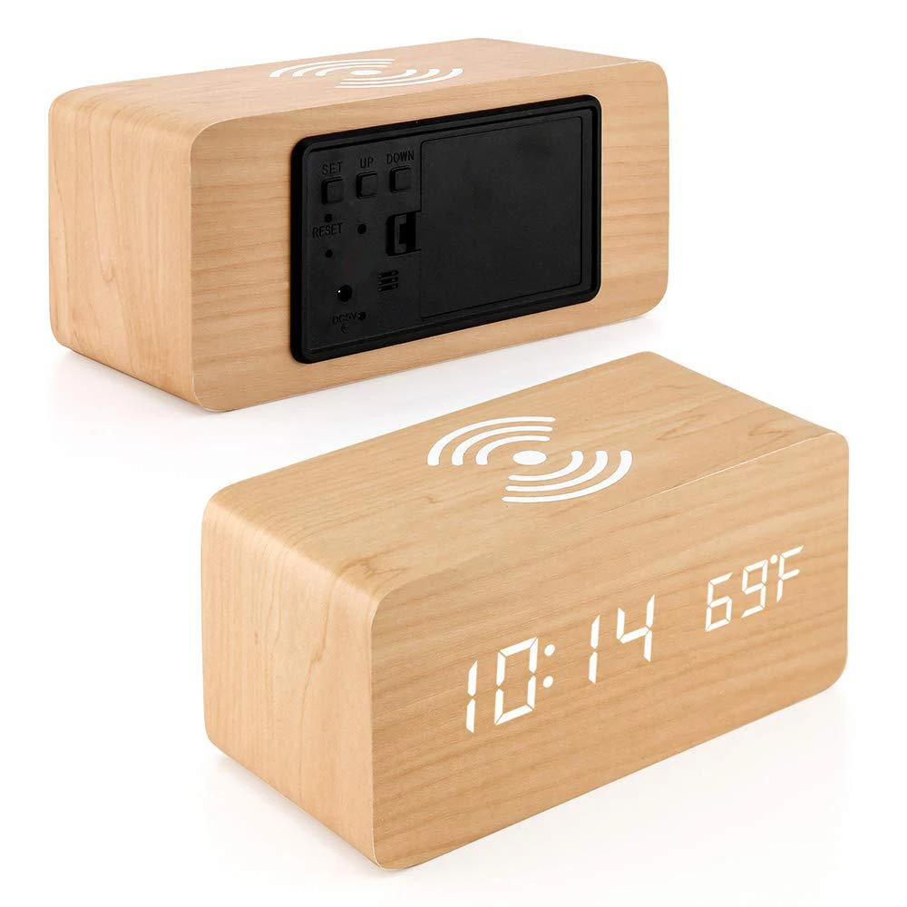 Modern Multifunction Desk Table Square LED Digital Sound Control Clock  Wooden Alarm Clock Wireless Charging for Iphone Samsung, image size:1000x1000