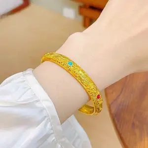 Hot Selling Women's Sand Gold 18K Gold Plated Bangle Chinese Style Trendy Wedding Anniversary Gift