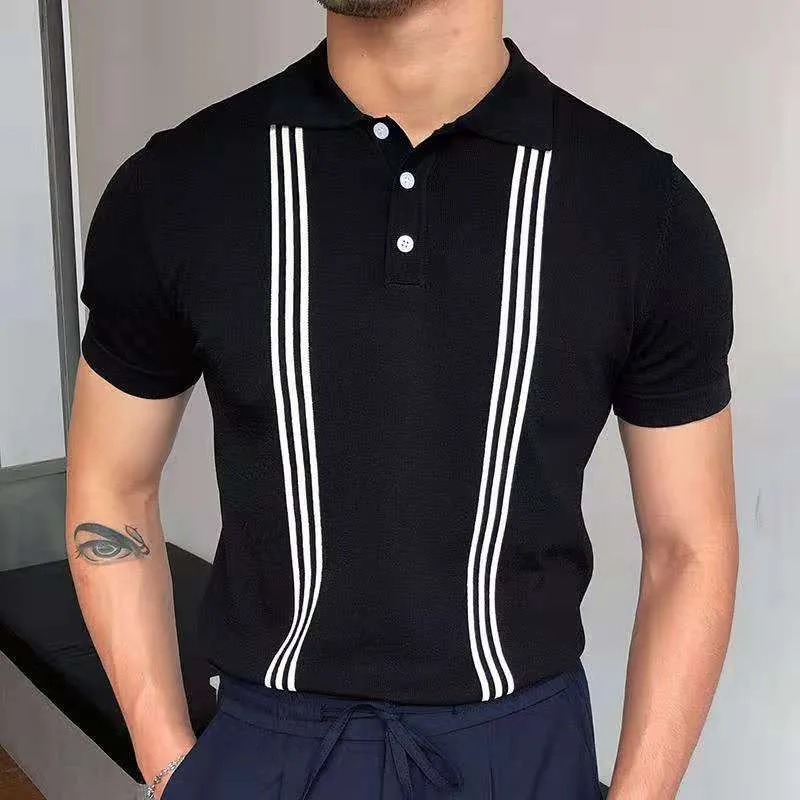 Men Pattern Stripe Print Patchwork Knitting Casual Soft Summer Fashion Men Short Sleeve Slim GOLF Polo Shirt