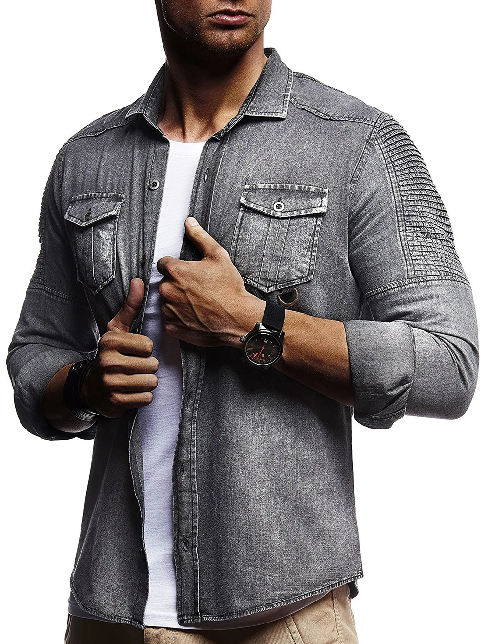 Mens Denim Shirts Western Long Sleeve Button Down Cotton Casual Work Jean Shirt gallery 3