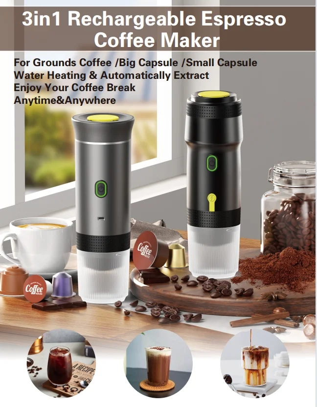 Portable USB-Powered 3-in-1 Smart MIni Espresso Coffee Maker Pads Black Heating Water Coffee Machine for Travel Outdoor Camping