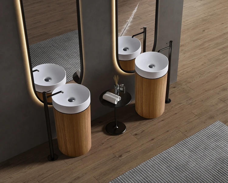 Bathroom Wood Grain Stainless Steel Round Pedestal Sink Artificial Stone European Style Freestanding Pedestal Wash Basin