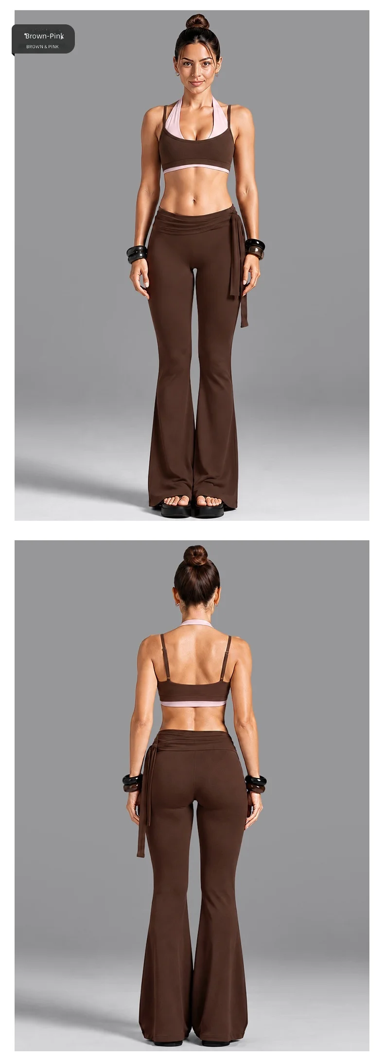 Quick Dry Yoga Set Color Block Halter Double Layer Sports Bra Self Tie Waist Flare Pants 2 Piece Fitness Outfit — detail