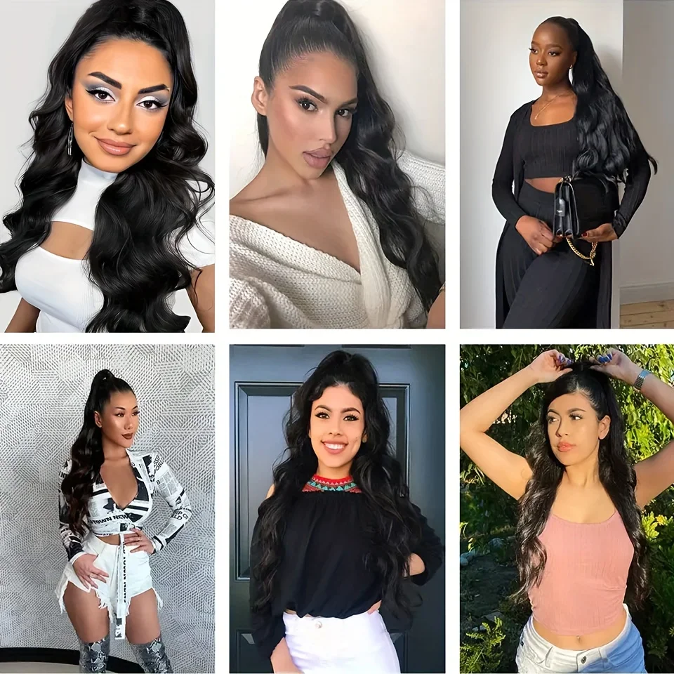 Human Hair Body Wave Drawstring Ponytail Extension Natural Black_voghion.com