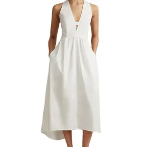 Custom High Quality Summer Casual Elegant & Sexy Low Neck Hollow Out Halter Loose With Pockets White Linen Dress