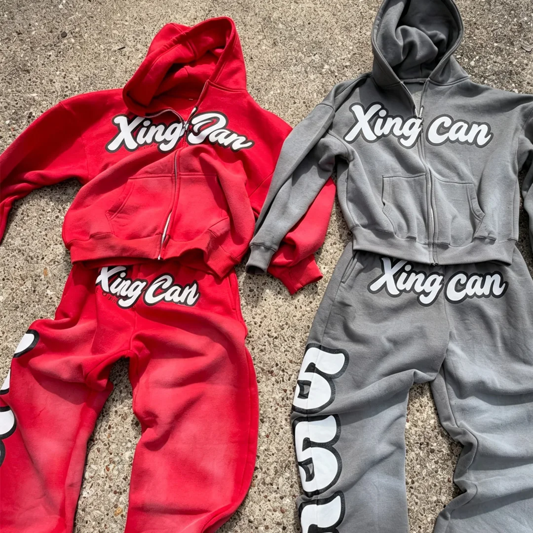 Brugerdefineret unisex streetwear-2-dels tracksuit, pufudtrykt kort lynlåbs hoodie med brede ben og bukser, OEM-parti