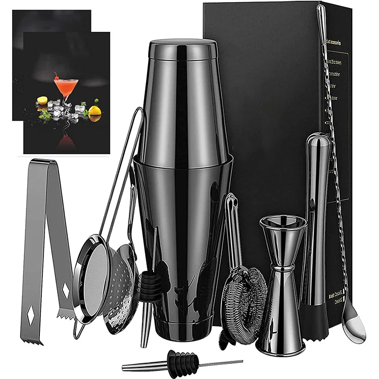 Professional Barware Tools Bartender Kit Stainless Steel Customized Logo Reusable Cocktail Shaker Set 15/30ml Jigger 600+700ML