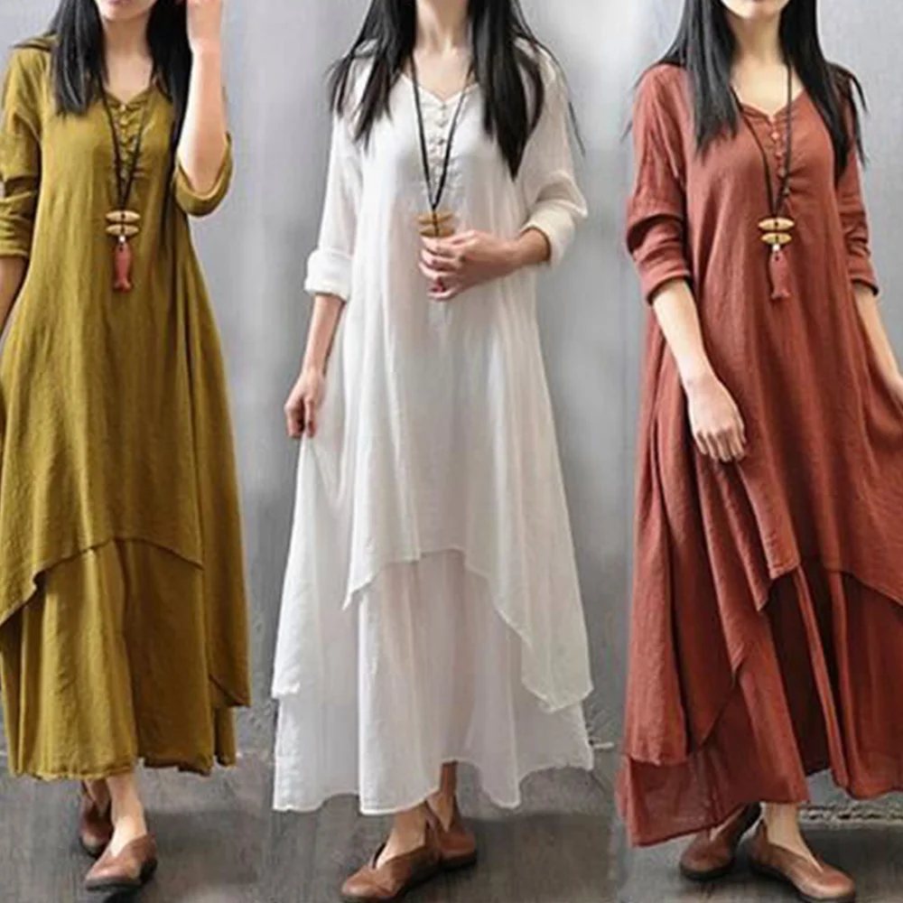 Women Maxi Dress 2022 Autumn New False Two-piece Long Sleeve Round Neck ...