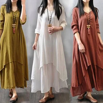 Women Maxi Dress 2021 Autumn New False Two-piece Long Sleeve Round Neck Loose Plus Size Irregular Dress