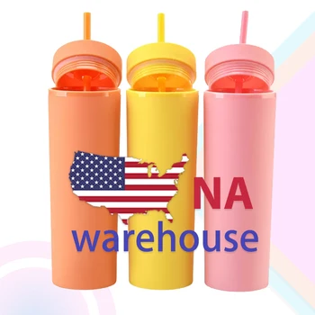 USA Warehouse Mixed Color 16oz Double Wall Reusable Plastic Cup Round Plastic Water Bottles With Straw And Lids