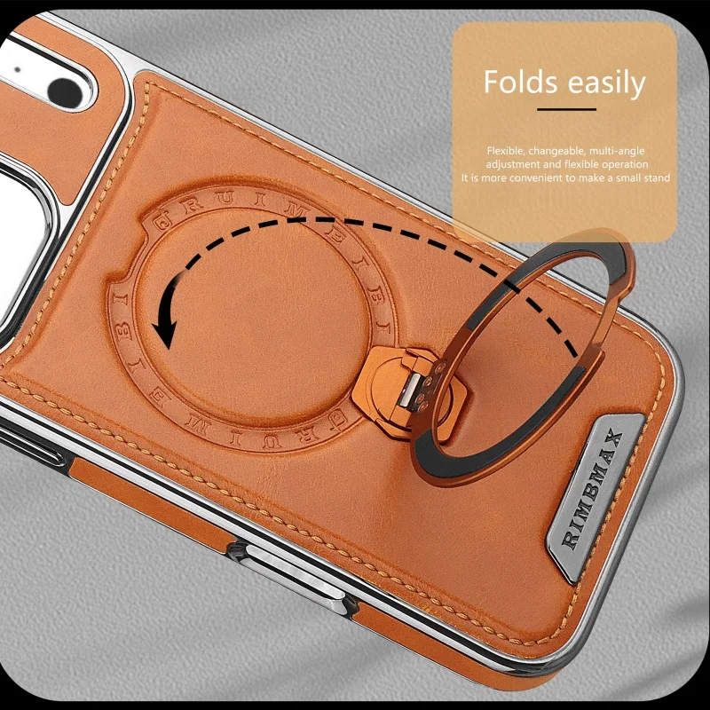 Luxury Magnetic Leather Phone Case for iPhone 17 11 12 13 14 15 16 Pro Max 17 Air With 360° Metal Ring Stand Shockproof Cover