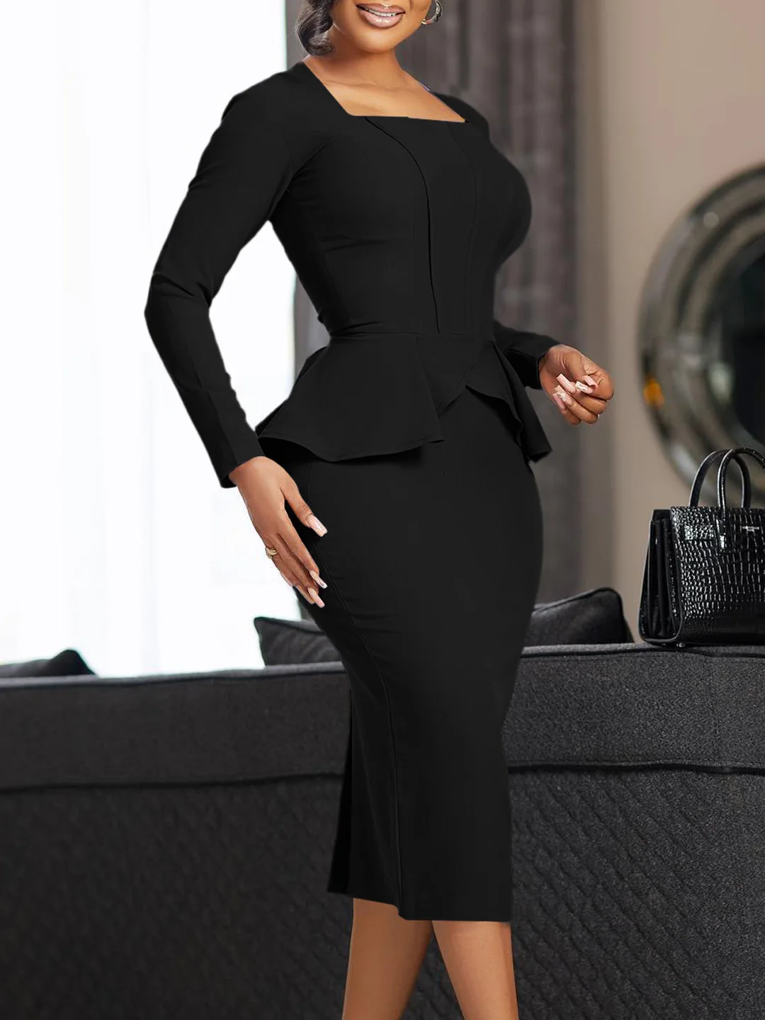 2025 Women Spring Autumn Pencil Dresses Fashion Square Neck Long Sleeve  Office Lady Elegant Slim Waist Ruffled Midi Long Dress