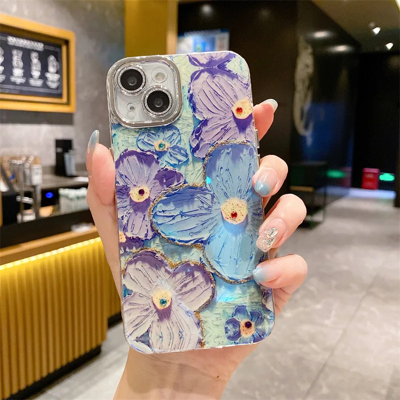 Ins Oil Painting Spot Drill Flower Glitter Lens Protector For Iphone15 ...