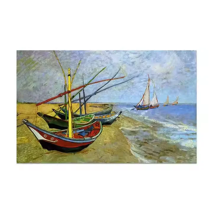 Hand-Painted Impressionist Landscape Oil Scenery Van Gogh's Famous Fishing Boats on Beach Canvas Support Base Reproductions