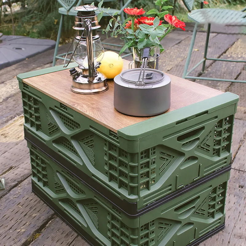 Korean Style Large Tree Cover Plastic Folding Basket Crate Vegetable Organizer Foldable Storage Box with Wooden Lid