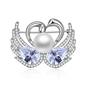 925 Sterling Silver Brooch Luxury Jewelry Woman Heart Swan Pearl Brooches